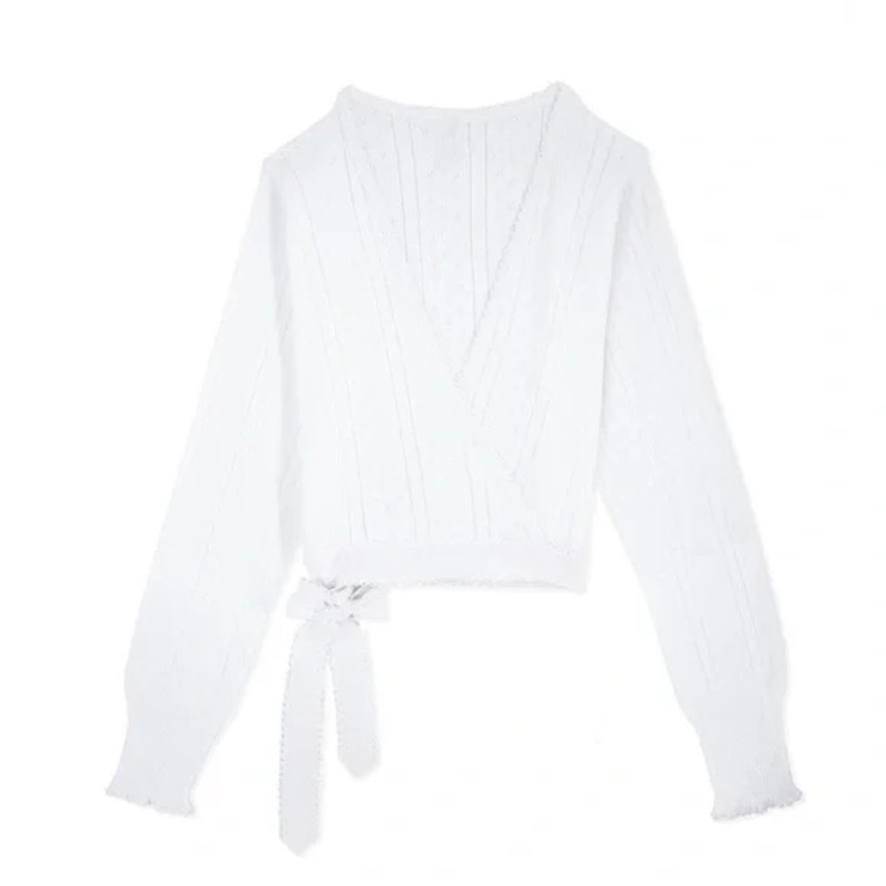 Pretties Venice Ballet Wrap Long Sleeve Crop Top in White Cotton Pointelle Frill